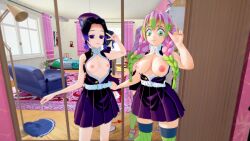 2girls 3d alternate_costume bedroom breasts breasts_out_of_clothes demon_slayer female female_only goldieecchi kanroji_mitsuri kimetsu_no_yaiba kochou_shinobu koikatsu looking_at_viewer mirror multiple_girls peace_sign pose posing pov