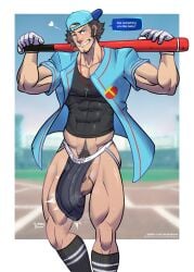 1boy abs abs_visible_through_clothing backwards_baseball_cap balls bara baseball_bat baseball_cap big_bulge big_penis blush bulge cocky dialogue facial_hair flirting flirting_with_viewer gloves jockstrap junpei_iori looking_at_viewer male male_only muscles muscular muscular_arms muscular_thighs musk musk_clouds pantsless penis persona persona_3 seductive shirt skin_tight smile smiling_at_viewer smirk smirking_at_viewer solo solo_male speech_bubble sweat sweating talking_to_viewer text tight_clothing underwear wererdraws