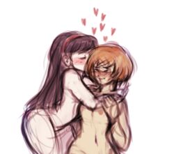 2girls amagi_yukiko closed_eyes colored_sketch female female_only hairband_only happy happy_female hearts_around_head lesbians long_hair multiple_girls naked_hairband nude_female persona persona_4 pizzaday satonaka_chie simple_background small_breasts smile white_background yuri