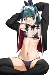 1girls alternate_version_available ambiguous_eye_color artoria_pendragon_(alter)_(cosplay) artoria_pendragon_(alter_swimsuit_rider)_(cosplay) artoria_pendragon_(alter_swimsuit_rider)_(second_ascension)_(cosplay) bikini black_bikini breasts cameltoe choker commentary cosplay english_commentary fate/grand_order fate_(series) female female_only freckles frilled_bikini frilled_choker frills highres jacket kusuriya_no_hitorigoto looking_at_viewer maid maid_bikini maid_headdress maomao_(kusuriya_no_hitorigoto) navel open_clothes simple_background sitting small_breasts solo swimsuit thighhighs turquoise_hair unconventional_maid waligner white_background