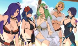 5girls alternate_costume artist_name bare_shoulders beach bikini black_bikini black_choker black_one-piece_swimsuit black_swimsuit blonde_hair blue_eyes blue_hair blush breasts byleth_(female)_(fire_emblem) byleth_(female)_(summer)_(fire_emblem) byleth_(fire_emblem) byleth_(fire_emblem)_(female) casual_one-piece_swimsuit catherine_(fire_emblem) catherine_(summer)_(fire_emblem) choker cleavage commentary commentary_request covered_navel drink fat_breasts female female_only fire_emblem fire_emblem:_three_houses fire_emblem_heroes fire_emblem_warriors:_three_hopes flat_belly flower flower_in_hair green_hair hair_between_eyes hair_flower hair_ornament hair_over_one_eye hi_res hibiscus highres large_breasts long_hair looking_at_viewer melting_popsicle midriff multiple_girls navel nintendo official_alternate_costume one-piece_swimsuit open_mouth parasol popsicle pout purple_eyes purple_hair rhea_(fire_emblem) rhea_(summer)_(fire_emblem) shamir_nevrand shamir_nevrand_(summer) shez_(female)_(fire_emblem) shez_(female)_(summer)_(fire_emblem) shez_(fire_emblem) short_hair smile stomach swimsuit tassel ushiomi watermark white_bikini white_swimsuit yellow_flower