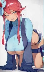 1girls all_fours blue_eyes breasts brown_skin clothed female game_freak gym_leader hi_res hizake huge_breasts kashu_(hizake) long_hair nintendo pokemon pokemon_bw red_hair skyla_(pokemon) solo sweat sweaty_body thick_thighs underboob