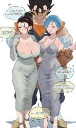 1boy 2girls big_breasts bigger_male black_hair blue_hair blush breast_size_difference bulma_briefs chichi cleavage dongtan_dress dragon_ball dress embarrassed huge_breasts husband_and_wife mature_female milf multiple_females nia_(nia4294) polygamy potara_earrings sad short_hair tight_clothing vegito white_dress wives