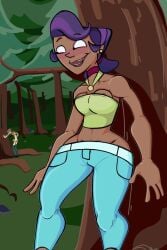 1boy 1girls blush brown_hair cody_(tdi) despair desperation excited female forest hairy_pussy hairy_vagina male masturbating masturbation public_masturbation public_nudity purple_hair semi_nude sierra_(tdi) tan_body tan_skin total_drama_island