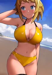 ai_generated alternate_costume arm_up beach bikini blue_eyes blush breasts brown_hair closed_mouth commentary_request female gundam gundam_build_fighters gundam_build_fighters_try haruhisky highres hoshino_fumina large_breasts navel outdoors short_hair smile solo swimsuit thighhighs thighs wet yellow_bikini