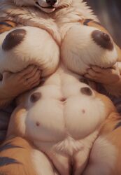 ai_generated anthro arcanine big_breasts black_nipples black_pussy breasts cerinil chest_tuft clitoris close_up female first_person_view fluffy generation_1_pokemon genitals hi_res holding_breast multi_nipple navel nipples peach_pussy pokemon pokemon_(species) pubes pussy slightly_chubby solo tuft