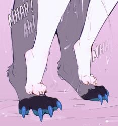 ambiguous_gender anthro anthro_only blue_claws bodily_fluids claws close-up dangling dangling_legs digitigrade duo feet foot_focus from_behind_position fur grey_body grey_fur hi_res mammal offscreen_sex prsmrti sex standing toe_claws unknown_species white_body white_fur