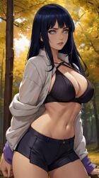 ai_generated athletic_female athletic_wear hyuuga_hinata hyuuga_hinata_(naruto:_road_to_ninja) large_breasts midriff naruto naruto:_road_to_ninja shorts solo thecraftninja toned_female toned_stomach