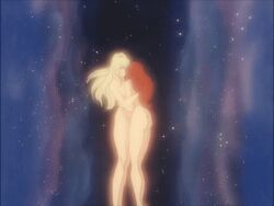 80s animated blonde_hair brown_hair catherine_royal jane_royal long_hair medium_breasts naked no_pubic_hair nude sisters space_adventure_cobra space_background stars twins