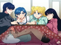 1boy 3girls ami_mizuno bishoujo_senshi_sailor_moon blush censored cheating clothing cum cum_on_feet faceless_male female footjob human kotatsu male mamoru_chiba mizuryuu_kei pantyhose rei_hino skirt straight studying under_the_table usagi_tsukino