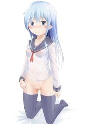 black_legwear blue_eyes blue_hair blush breasts closed_mouth collarbone eyebrows_visible_through_hair female female full_body ha_ga_kurenai hibiki_(kantai_collection) kantai_collection kneeling long_hair long_sleeves looking_at_viewer no_panties nose_blush pussy pussy_juice see-through serafuku shirt simple_background small_breasts solo thighhighs uncensored white_background white_shirt white_sleeves