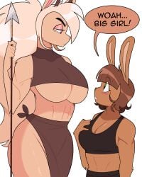 abs big_breasts black_bra blush bunny_ears bunny_girl compliment dialogue exclamation_point furry green_eyes height_difference idolomantises larger_female light_brown_hair looking_at_another looking_down looking_up rabbit rabbit_nose rude_look shocked_expression simple_background size_difference spear strong_woman subtle_blush taller_female taller_girl text weapon white_hair women