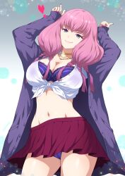 alternate_costume amesuku_gyaru aura_(sousou_no_frieren) blue_bra blue_eyes blue_panties bra braid breasts cleavage closed_mouth female gold_necklace gyaru highres jewelry joy_ride kogal large_breasts long_hair long_sleeves multiple_braids navel necklace panties pink_hair red_skirt skirt smile solo sousou_no_frieren stomach thighs twin_braids underwear