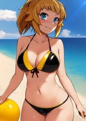 ai_generated ball beach bikini black_bikini blue_eyes blue_sky breasts brown_hair cleavage cloud collarbone cowboy_shot day female front-tie_bikini_top front-tie_top gundam gundam_build_fighters gundam_build_fighters_try haruhisky highres horizon hoshino_fumina large_breasts navel ocean outdoors ponytail sky solo swimsuit