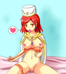 condom_wrapper jenis_lightsworn_mender lightsworn pubic_hair red_hair short_hair solo tagme undressing yu-gi-oh!