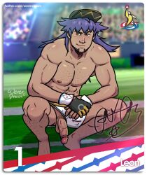 balls baseball_cap blush facial_hair flaccid leon_(pokemon) male male_only muscles muscular nintendo penis penis_out pokemon shirtless shorts solo solo_male spread_legs squatting wererdraws