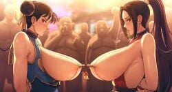 2girls absurdres arms_behind_back bare_shoulders blush bondage bound bound_arms breasts brown_eyes brown_hair chun-li clothes_pin collar double_bun fatal_fury hair_bun high_ponytail highres huge_breasts humiliation japanese_clothes king_of_fighters large_breasts leash long_hair looking_at_viewer mai_shiranui male multiple_girls nipple_clamps nipple_stimulation nipple_torture nipples penis ponytail restrained revealing_clothes sexfight shiranui_mai sideboob sideless_dress snk street_fighter street_fighter_alpha titfight ttf unitard