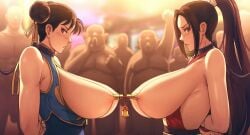 2girls absurdres arms_behind_back bare_shoulders blush bondage bound bound_arms breasts brown_eyes brown_hair chun-li clothes_pin collar double_bun fat_man fatal_fury hair_bun high_ponytail highres huge_breasts humiliation japanese_clothes king_of_fighters large_breasts leash long_hair looking_at_viewer mai_shiranui male multiple_girls mutual_linked_nipples nipple_clamps nipple_stimulation nipple_torture nipples penis ponytail restrained revealing_clothes sexfight sideboob sideless_dress snk street_fighter street_fighter_alpha titfight ttf unitard