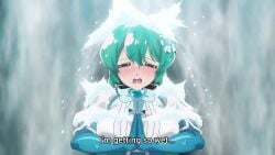 animated anime_screencap blue_gloves blue_hair blue_ribbon blush breasts closed_eyes elbow_gloves female gloves hair_between_eyes hair_ribbon highres large_breasts magia_azul mahou_shoujo_ni_akogarete minakami_sayo ribbon shirt sound subtitled tagme video water waterfall wet wet_clothes white_shirt