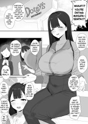 2024 3girls big_breasts black_and_white dialogue doujinshi english_text hi_res high_resolution highres hotate-chan huge_breasts large_breasts multiple_girls text