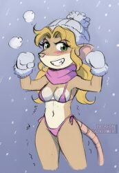 1girls activision anthro beanie big_breasts blonde_hair blush bra breath_cloud cold crash_(series) crash_bandicoot_(series) flexing flexing_arms gazkerber gloves green_eyes grin grinning_at_viewer ice long_hair motion_lines panties pasadena_o'possum scarf smile smiling_at_viewer tail underwear voluptuous voluptuous_female wide_hips winter