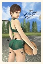 3d ass bare_midriff basket basketball basketball_uniform blue_eyes brown_hair bubble_butt capcom choker crop_top female female_focus female_only headband pixie_cut rated_l rear_view rebecca_chambers resident_evil resident_evil_remake short_hair sideboob small_breasts sports_bra sportswear tomboy