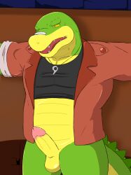 2024 alligator alligatorid anthro balls biped bodily_fluids brok_(brok_the_investigator) brok_the_investigator clothing crocodilian erection genitals green_body hi_res male open_mouth penis reptile scalie shirt solo sweat thqr37 topwear