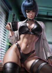 abs blue_hair breasts choker cleavage cup dandon_fuga female female_focus gluteal_fold goth goth_girl highres jewelry lab_coat large_breasts lips looking_at_viewer mug nail_polish navel pendant persona persona_5 sfw short_hair skindentation solo tae_takemi thick_thighs thighhighs thighs