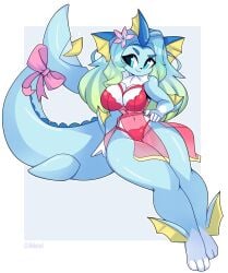 1girls 2024 anthro big_breasts big_tail blue_body blue_hair bra breasts cetacean_tail cute cyan_eyes cyan_hair eeveelution female female_only flower flower_in_hair furry furry_only generation_1_pokemon green_hair huge_tail miikotorii navel navel_visible_through_clothes panties paws pokémon_(species) pokemon pokemon_(species) pokemon_rgby simple_background tail teal_hair twitter_username vaporeon