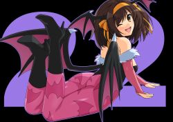 animal_print ass bat_print boots breasts brown_eyes brown_hair cosplay darkstalkers dat_ass female hair_ornament haruhisky head_wings high_heel_boots high_heels highleg highleg_leotard highres leotard looking_at_viewer looking_back low_twintails lying morrigan_aensland morrigan_aensland_(cosplay) on_stomach pantyhose shiny_skin solo suzumiya_haruhi suzumiya_haruhi_no_yuuutsu twintails wings