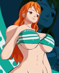 1girls 3d 3d_(artwork) anime big_breasts bikini bikini_top breasts brown_eyes earrings female female_focus female_only ginger ginger_hair long_hair manga nami nami_(one_piece) one_piece orange_hair post-timeskip sala3d solo solo_female solo_focus