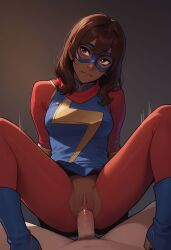 1boy 1girls ai_generated bald_pussy bare_pussy brown_eyes brown_hair brown_skin brown_skinned_female cowgirl_position cut_out_pants dark-skinned_female female hairless_pussy interracial kamala_khan male male/female marvel marvel_comics mask ms._marvel ms._marvel_(kamala_khan) muslim muslim_female naked naked_male naked_male_with_clothed_female nude nude_male pakistani pakistani_female penis penis_in_pussy pussy shaved_pussy superhero superheroine vaginal_penetration wall wall_(structure)