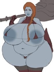 1girls alien alien_girl bbw big_breasts breasts breasts_bigger_than_head female gauntlets gigantic_breasts gigantic_thighs grey-skinned_female grey_skin guardians_of_the_galaxy guardians_of_the_galaxy_(game) holding_weapon huge_breasts lady_hellbender looking_at_viewer marvel micro_bikini obese red_hair solo string_bikini thick_thighs thunder_thighs venus_body voluptuous weapon wide_hips ysr3215