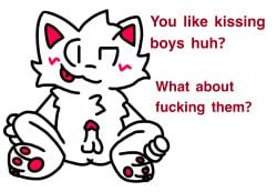 anthro blush boy_kisser_(meme) felid feline fluffy genitals hands_on_legs humor male male_only mammal meme pawpads penis presenting silly_cat_(mauzymice) solo_focus text tongue toony unknown_artist