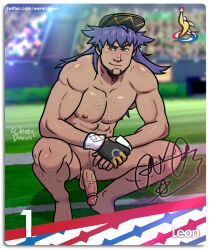 balls baseball_cap blush facial_hair flaccid leon_(pokemon) male male_only muscles muscular nintendo nude penis pokemon solo solo_male spread_legs squatting wererdraws