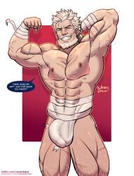armpit_hair balls bara beard bulge english_text facial_hair flexing fundoshi granblue_fantasy hand_behind_head looking_at_viewer male male_only muscles muscular penis solo solo_male soriz speech_bubble talking_to_viewer wererdraws