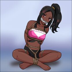 1girls accessory arms_behind_back bare_legs bare_midriff barefoot bike_shorts black_hair blue_background bondage bound bound_legs breasts crossed_legs dark-skinned_female dark_skin female female_only femsub fire_emblem fire_emblem_engage gag high_ponytail just_some_guy legs looking_at_viewer medium_hair midriff nintendo ponytail red_eyes restrained rope rope_bondage shorts side_ponytail small_breasts solo star star-shaped_pupils star_(symbol) symbol-shaped_pupils timerra_(fire_emblem) very_dark_skin