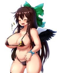 1girls areola_slip bikini bird_wings black_bikini black_gloves black_wings blush bow bracelet breasts brown_eyes brown_hair cape female gloves happy highleg highleg_bikini highres jewelry large_breasts long_hair navel peso_(cheese_company) radiation_symbol reiuji_utsuho shirt simple_background single_glove solo stomach swimsuit tagme third_eye touhou utsuho_reiuji white_background white_cape white_shirt wings