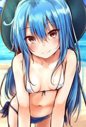 bare_shoulders beach bikini blue_bikini blue_hair blush breasts closed_mouth collarbone day eyebrows female front-tie_bikini_top front-tie_top hair_between_eyes hat head_tilt highres hinanawi_tenshi leaning_forward long_hair looking_at_viewer mismatched_bikini navel outdoors print_bikini red_eyes sand side-tie_bikini_bottom sketch small_breasts smile solo standing swimsuit tenshi_hinanawi touhou water white_bikini yuhito_(ablbex)