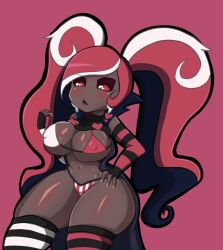 1girls big_breasts bikini blush breasts dark-skinned_female dark_skin female female_only hazbin_hotel red_eyes red_hair red_sclera shortstack solo solo_female thick_thighs velvette