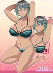 asian big_breasts big_breasts bikini dark_blue female green_hair yuri