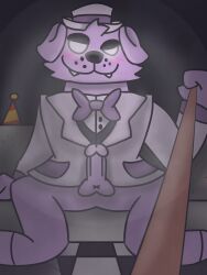 bow_tie canid canine checkered_floor clothing first_person_view five_nights_at_freddy's fur genitals hat headgear headwear hi_res humanoid_genitalia leash leash_pull leashed_pov male male_only mammal party_hat penis purple_body purple_fur scottgames suit uhyeah unknown_artist white_eyes youtuber