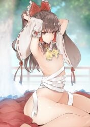 armpits arms_up ascot bow breasts brown_eyes brown_hair detached_sleeves female flat_chest flat_chested hair_tubes hairbow hakurei_reimu hips_wider_than_shoulders long_hair looking_at_viewer mouth_hold nipples nude red_bow reimu_hakurei ribbon-trimmed_sleeves ribbon_trim sarash sidelocks sitting skirt small_breasts solo touhou tousen unworn_skirt wide_hips wide_sleeves yellow_ascot