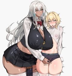 1boy 1futa androgynous arms_behind_back ball_busting black_skirt blonde_hair blue_eyes blush bondage bow breasts cbt cleavage clothed clothing cock_and_ball_torture covered_nipples cum curvy dark-skinned_futanari dark_elf dark_skin ejaculation elf femboy femdom flaccid fully_clothed futa_is_bigger futa_with_male futanari green_eyes grey_hair highres huge_breasts huge_cock human hyper large_areolae large_penis light-skinned_male light_skin long_hair male midriff original penis penis_sheath penis_size_difference plump pointy_ears sadism seito_edaha seitoedaha skirt small_penis standing testicle_grab thick_thighs twitching wide_hips