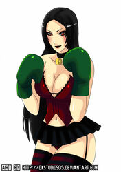 1girls big_thighs black_hair black_skirt blush boxing boxing_gloves boxing_stance breasts cleavage clothed clothing collar dkstudios05 eyeshadow female female_only garter_straps gloves goth goth_girl green_boxing_gloves green_gloves human human_only legwear light-skinned_female light_skin lips lipstick long_hair looking_at_viewer midriff original original_character panties red_eyes red_eyeshadow red_lipstick red_panties red_topwear skirt smile solo stockings strapless_top striped_legwear striped_stockings striped_thighhighs thick thick_hips thick_thighs thighhighs topwear white_background wide_hips