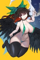 1girls absurdres alternate_costume arm_up bare_shoulders belt_collar black_collar black_thighhighs black_wings bow breasts brown_hair cleavage collar collarbone covered_erect_nipples crescent_moon curvy elbow_gloves feathered_wings female full_body gloves green_bow green_one-piece_swimsuit groin hair_between_eyes hair_bow halterneck highres index_finger_raised knees_together_feet_apart large_breasts legs_up long_hair looking_at_viewer mikomo0106 moon multicolored_hair navel one-piece_swimsuit red_eyes red_hair reiuji_utsuho sidelocks sky slingshot_swimsuit smile solo star_(sky) starry_sky stomach strap_gap swimsuit tagme thick_thighs thighhighs thighs touhou two-tone_background two-tone_hair utsuho_reiuji white_gloves wings yellow_background