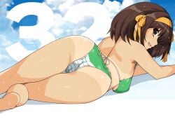 bare_arms bare_legs bare_shoulders bikini breasts brown_eyes brown_hair commentary_request female from_behind green_bikini hair_ribbon hairband halterneck haruhisky looking_at_viewer looking_back lying medium_breasts medium_hair on_stomach open_mouth ribbon smile solo suzumiya_haruhi suzumiya_haruhi_no_yuuutsu swimsuit tan tanline wet yellow_hairband