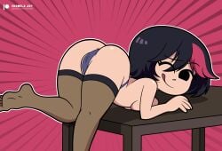 1girls all_fours anus asian black_eyes black_hair breasts brown_legwear chinese eromelaart female knives_chau legwear licking_lips on_table one_eye_closed panties red_streak scott_pilgrim short_hair solo solo_female stockings streaked_hair thighhighs