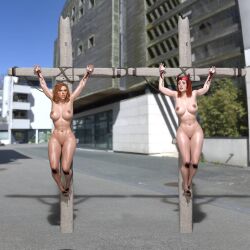 2girls 3d avengers black_widow_(marvel) blood crown_of_thorns crucifixion gore hlt1w marvel marvel_comics mutant_(marvel) natasha_romanoff nude nude_female red_hair running_mascara runny_makeup scarlet_witch scarlett_johansson wanda_maximoff x-men