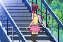 00s 10s ahoge animated animated ass black_thighhighs blue_eyes blush brown_hair choker female hair_ornament hitou_meguri hitou_meguri_kakure_yu_mao_hen kimihoshi_mao long_hair panchira panchira_(running) panties pantyshot running skirt smile stairs striped_clothes striped_panties tan tanline thighhighs twintails underwear upskirt